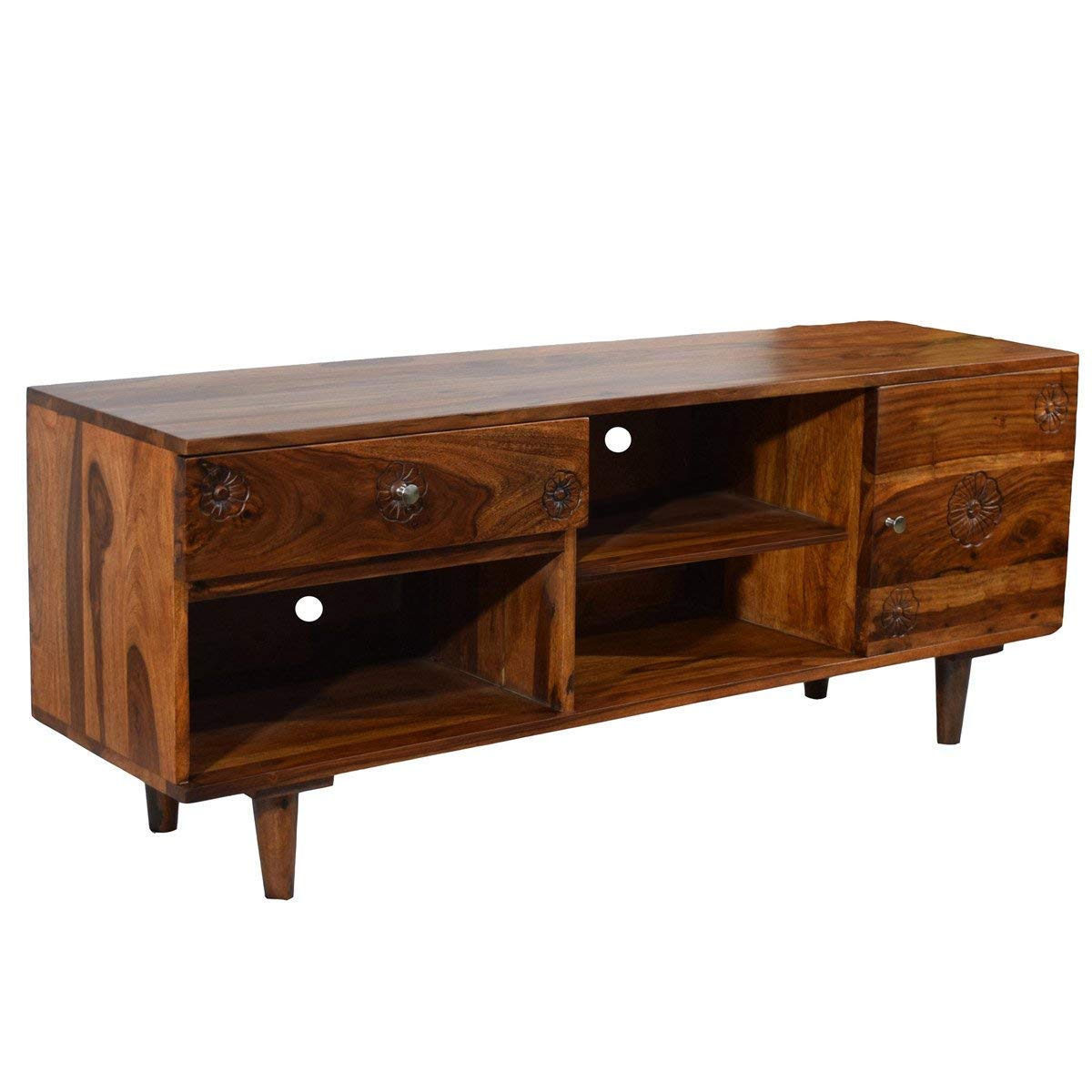 APRODZ Flower Inspired TV Unit with Drawers & Shelf Storage Entertainment Unit Center Console TV Table for Living Room Furniture (Natural Teak Finish)