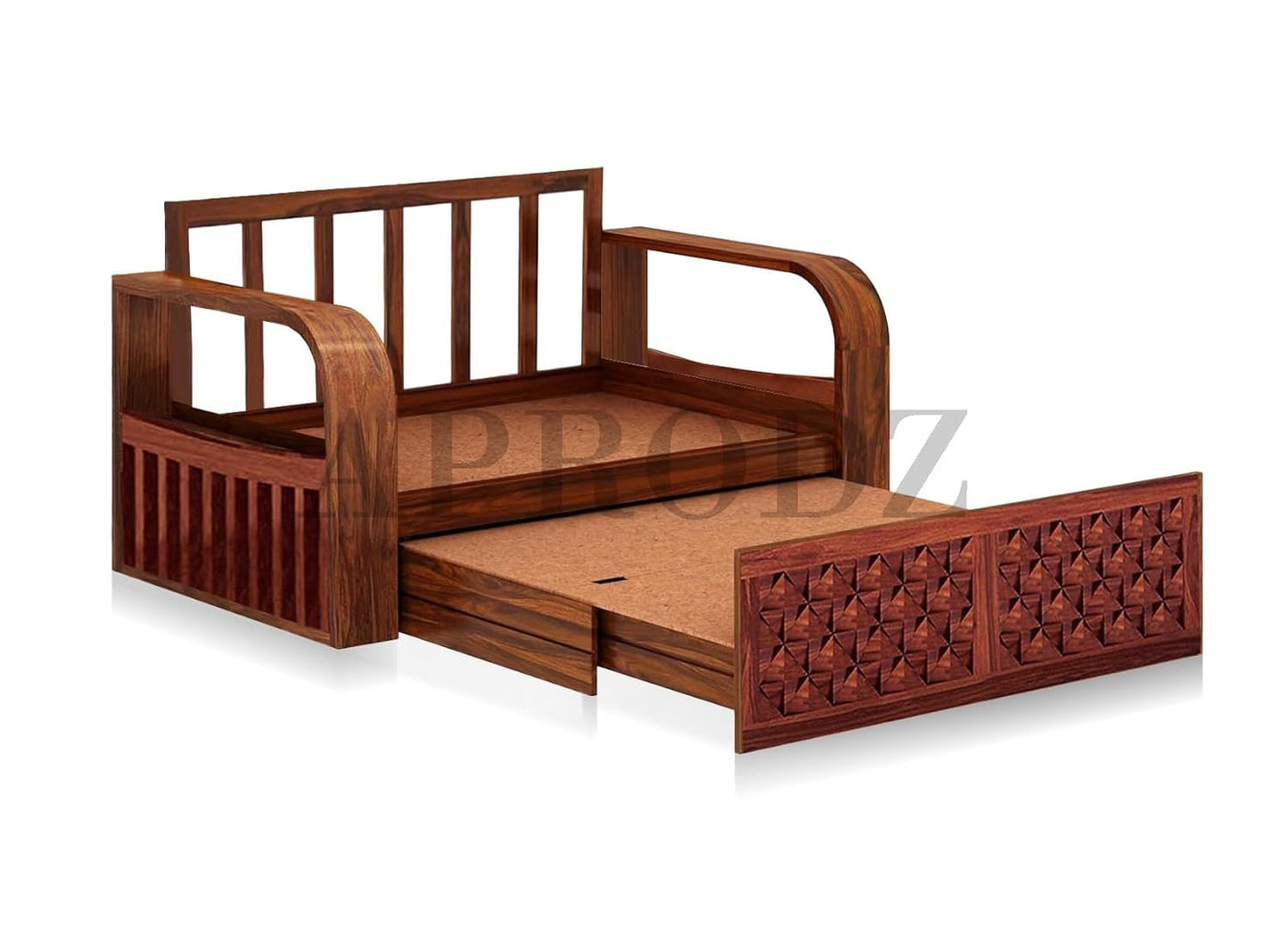 Sheesham Wood Sofa Cum Bed, 2 Seater with Storage, Geometric Design (75 x 51 x 30 Inch)
