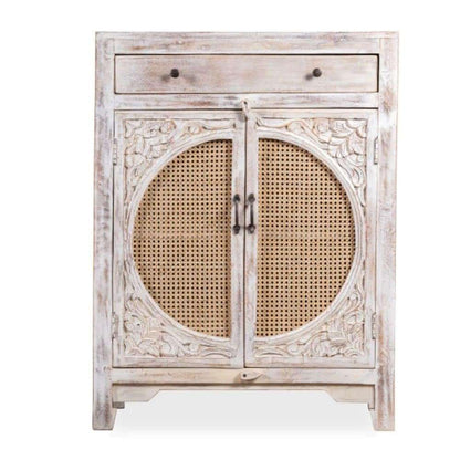 APRODZ Rattan Carved Cabinet | Kitchen Cabinets Furniture | Cabinet for Storage Wooden Furniture | Furniture for Crockery Cabinet | Distress White Finish, Mango Wood