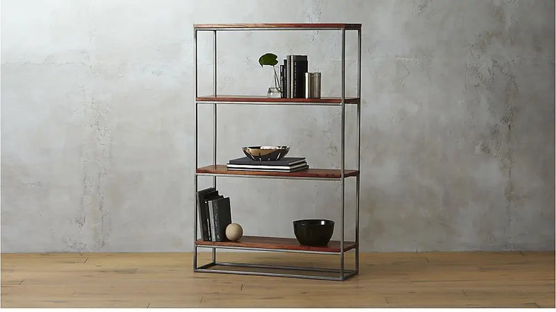 Solid Wood and Steel Steelo 4 Tier Bookcase for Living Room | Book Rack | Brown Finish 