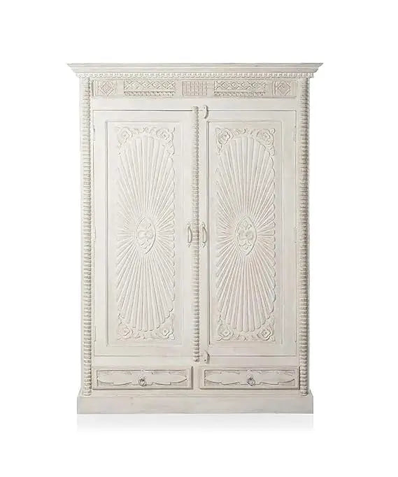 Bianco Carved Mango Wood 2‑Door Wardrobe – Aged White Storage Almirah 