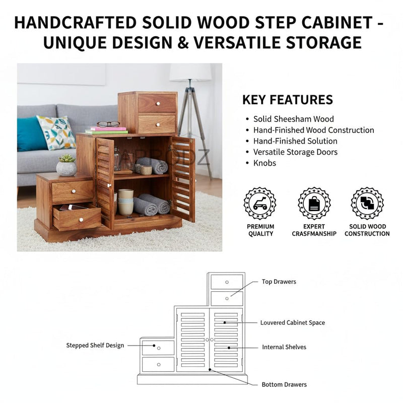 Sheesham Wood Storage Zuni Shoe Rack Cabinet for Living Room | 2 Shelf 4 Drawer Shoe Organizer | Brown 