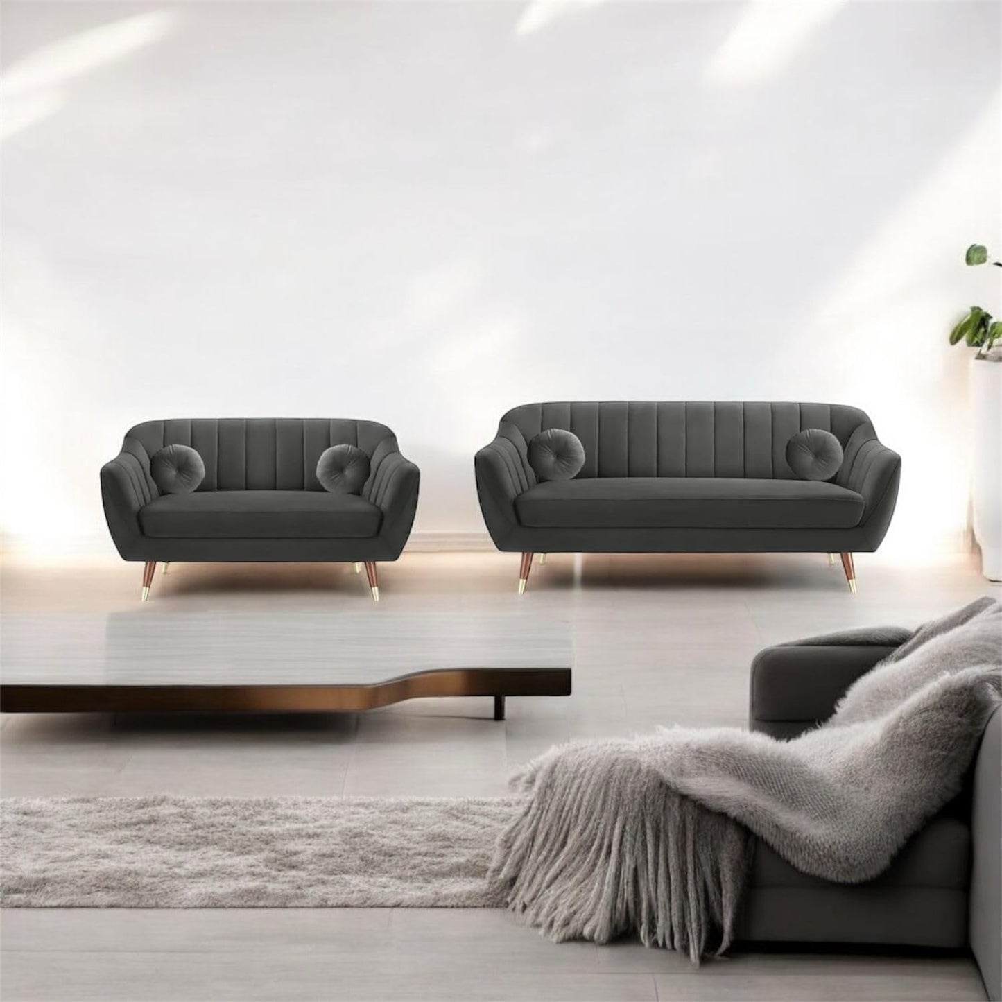 Lumina Modern Velvet Upholstered 3-Seater Sofa with Channel Tufted Backrest & Golden Metal Legs | Stylish Mid-Century Couch for Living Room & Lounge