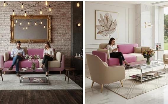 APRODZ Modern Luxelle Dual-Tone 3-Seater Fabric Sofa – Pink & Cream, Stylish Wooden Legs, for Living Room 