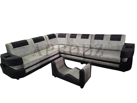 Modern L-Shaped Sectional 7-Seater Sofa with Coffee Table Padded Armrest Perfect Fabric Corner Sofa for Guests Living Room, Drawing Room, Office & Lounge Grey and Black 
