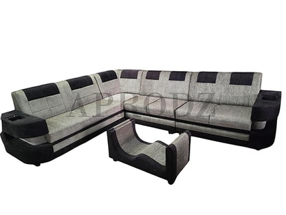 Modern L-Shaped Sectional 7-Seater Sofa with Coffee Table Padded Armrest Perfect Fabric Corner Sofa for Guests Living Room, Drawing Room, Office & Lounge Grey and Black 