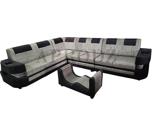 Modern L-Shaped Sectional 7-Seater Sofa with Coffee Table Padded Armrest Perfect Fabric Corner Sofa for Guests Living Room, Drawing Room, Office & Lounge Grey and Black 