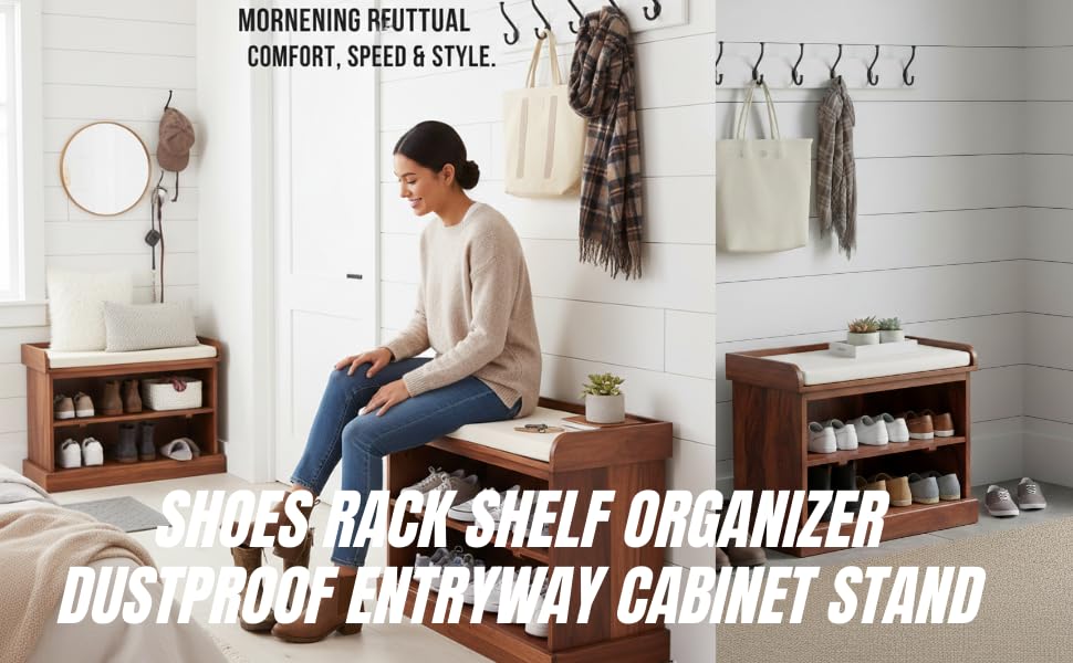 Wooden Multipurpose Cupboard & Shoe Rack – Spacious Storage Cabinet with Seating for Home, Entryway & Living Room (Large, Teak Finish) 