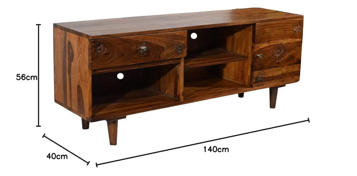 Translation missing: en.APRODZ Flower Inspired TV Unit with Drawers &amp; Shelf Storage Entertainment Unit Center Console TV Table for Living Room Furniture (Natural Teak Finish)