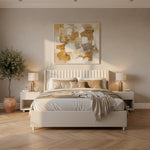 Upholstered Bed Frame with Channel Tufted Headboard, Beige + Leg Wood Black 