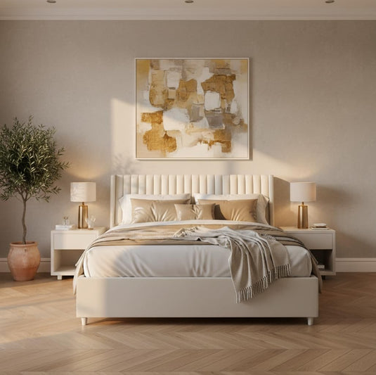 Translation missing: en.Upholstered Bed Frame with Channel Tufted Headboard, Beige + Leg Wood Black 