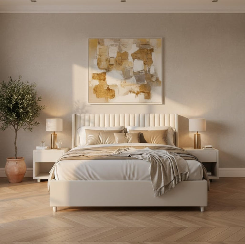 Upholstered Bed Frame with Channel Tufted Headboard, Beige + Leg Wood Black 