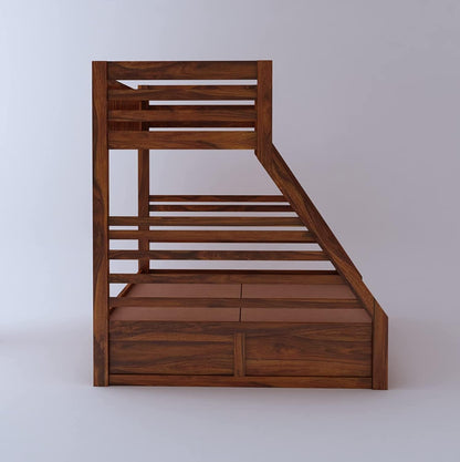 Wonderland Queen/Twin Sheesham Wood Bunk Bed – Modern Wooden Double Bed with 2 Drawer Storage for Bedroom, Kids’ Room & Guest Space (Rosewood - Teak)