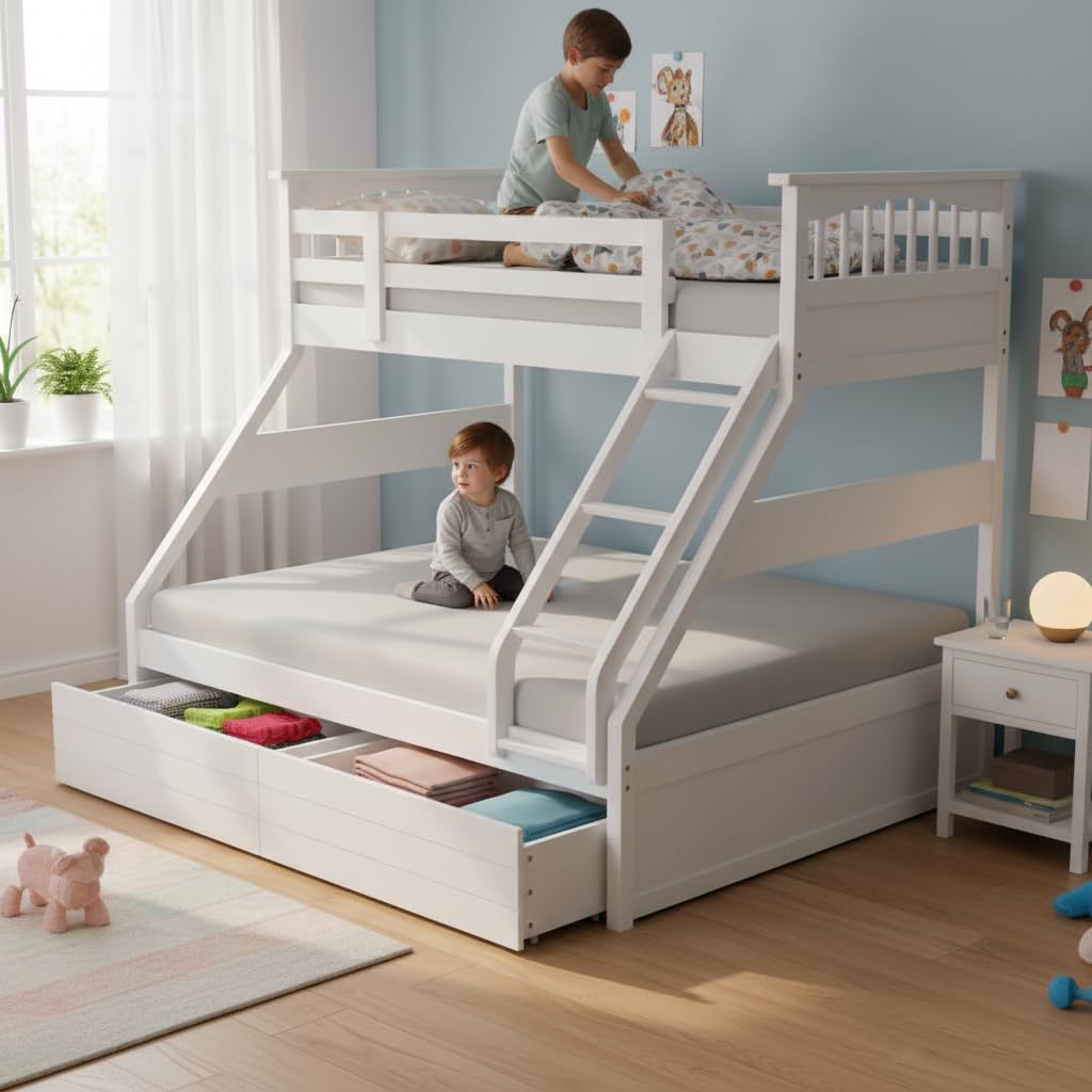 Sheesham Twin/Queen Bunk Bed with 2 Drawer Storage for Bedroom (Rosewood - Brown) 