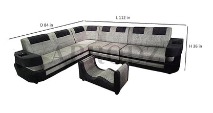 Modern L-Shaped Sectional 7-Seater Sofa with Coffee Table Padded Armrest Perfect Fabric Corner Sofa for Guests Living Room, Drawing Room, Office & Lounge Grey and Black 