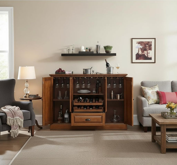 Translation missing: en.Mango Wood Peetz Royal Bar Cabinet – Stylish Home Bar Furniture with Wine Glass Storage &amp; Shelves for Living Room, Dining &amp; Lounge 