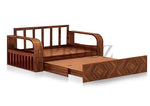 Sheesham Wood 3 Seater Sofa Cum Bed with Blue Upholstery | Diamond Pattern Design | Space-Saving Wooden Sofa Bed for Living Room  Sheesham Wood Sofa Cum Bed (3 Seater)