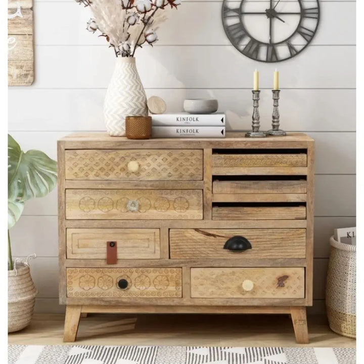Translation missing: en.APRODZ Wooden Carved Chest of Drawers | Wooden Cabinet for Bedroom | Wooden Cabinet with Drawers | Wooden Classic Sideboard | Mango Wood | Natural Finish