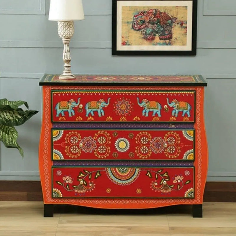 Wooden Handpainted Chest of Drawer | Wooden Antique Cabinet for Storage | Solid Wood Chest | Wooden Drawer Furniture | 3 Drawers 