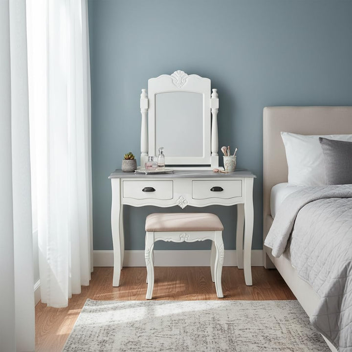 Translation missing: en.Wooden Antique Dressing Table with Stool for Living Room (White Finish) 