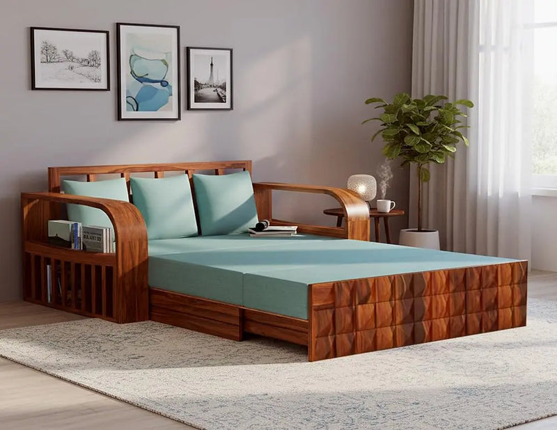 Sheesham Wood Sofa Cum Bed, 3 Seater with Blue Upholstery (75 x69 x30 Inch)  Sheesham Wood Sofa Cum Bed (3 Seater)