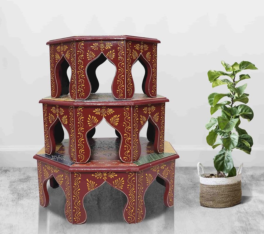 Handpainted Bajot: Antique Design, Multipurpose Stool, Decorative Pooja Mandir Stand 
