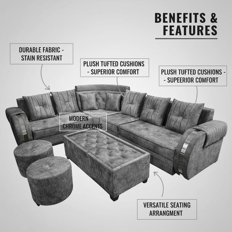 L-Shaped 6-Seater Velvet Sectional Sofa Set with Coffee Table & Ottomans 