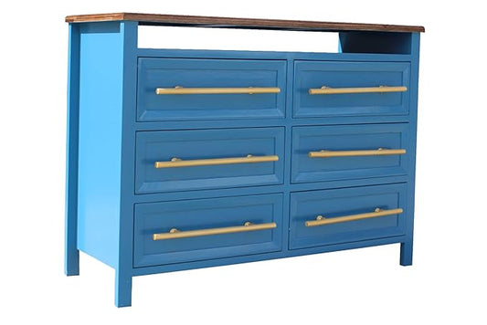 Mango Wood Storage Cabinet Marceio Chest of 6 Drawers Furniture for Living Room | Medium Blue Finish