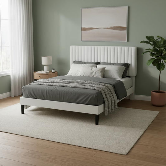 Upholstered Platform Bed with Adjustable Headboard, Leg Wood Black + Black Fabric 