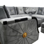 L-Shaped Sectional 6-Seater Sofa with Coffee Table & 2 Ottoman Padded Armrest Perfect Velvet Fabric Corner Sofa for Guests Living Room, Drawing Room, Office & Lounge (Grey) 