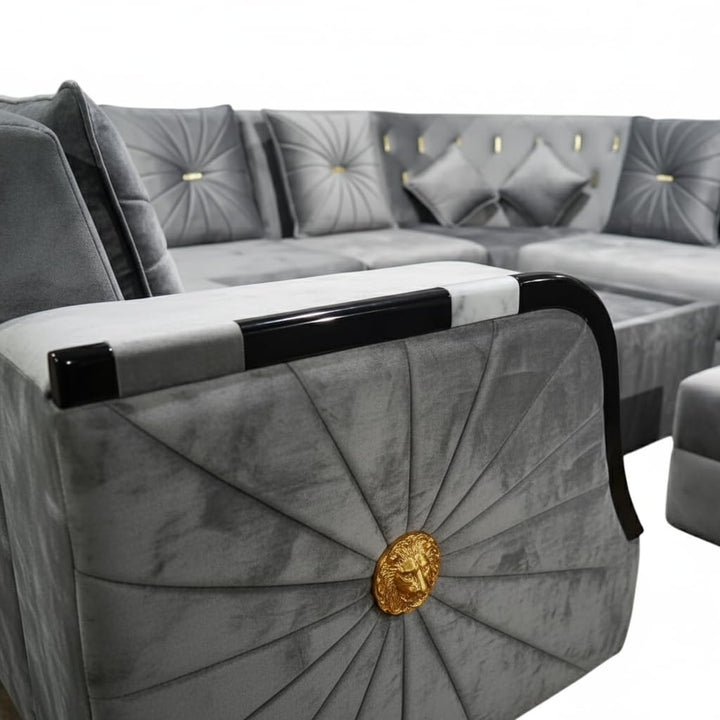 Translation missing: en.L-Shaped Sectional 6-Seater Sofa with Coffee Table &amp; 2 Ottoman Padded Armrest Perfect Velvet Fabric Corner Sofa for Guests Living Room, Drawing Room, Office &amp; Lounge (Grey) 