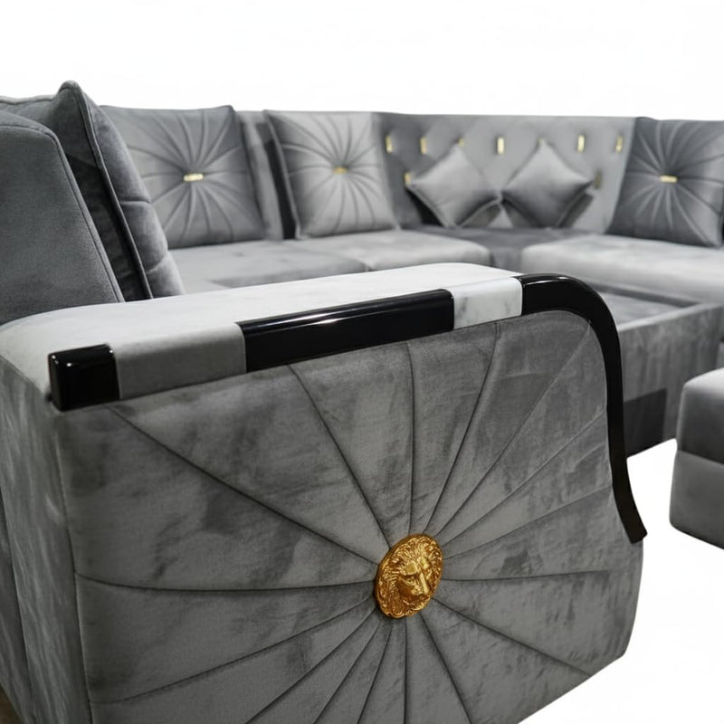 L-Shaped Sectional 6-Seater Sofa with Coffee Table & 2 Ottoman Padded Armrest Perfect Velvet Fabric Corner Sofa for Guests Living Room, Drawing Room, Office & Lounge (Grey) 