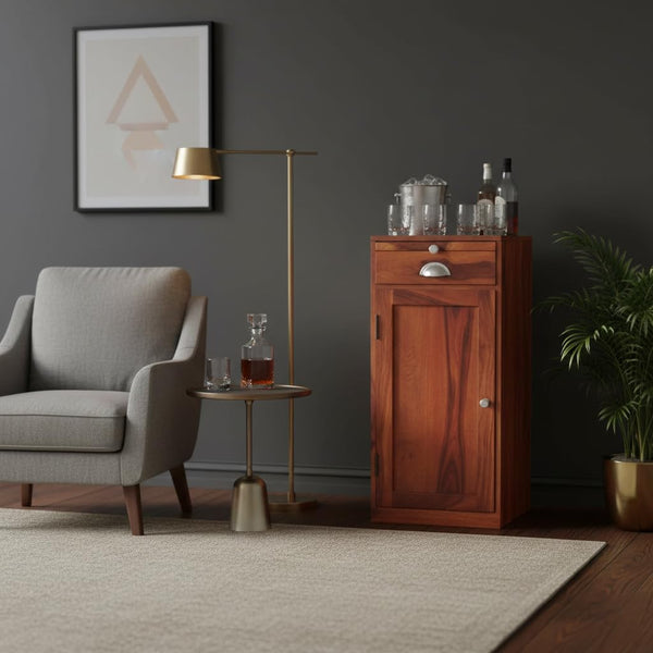Mango Wood Peetz Royal Stylish Bar Cabinet with Wine Glass Storage for Living Room | Chestnut Finish 