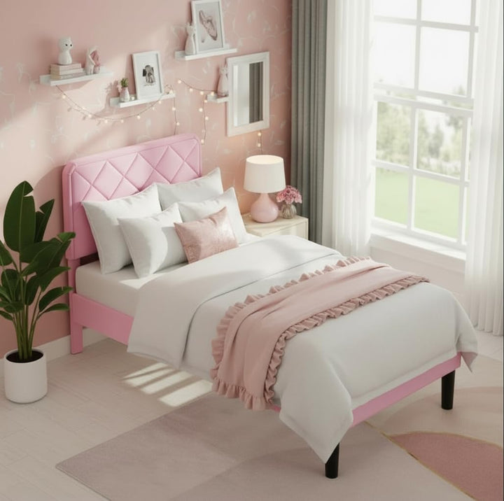 Translation missing: en.Platform Bed Frame with Velvet Upholstered Headboard and Wooden Slats Support, Mattress Foundation/No Box Spring Needed, 
 Pink Fabric + Leg Wood Black 