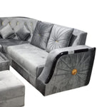 L-Shaped Sectional 6-Seater Sofa with Coffee Table & 2 Ottoman Padded Armrest Perfect Velvet Fabric Corner Sofa for Guests Living Room, Drawing Room, Office & Lounge (Grey) 