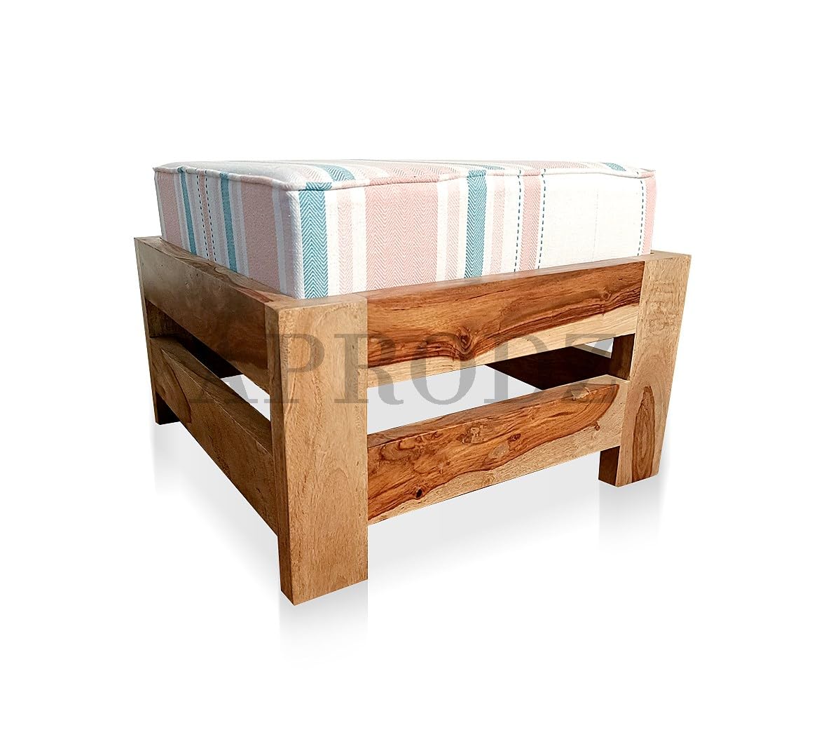 APRODZ Sheesham Wood Footstool with Cushion - Natural Finish - Set of 2