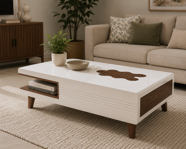 Mango Wood Coffee Table with Drawer & Open Shelf – White & Brown 