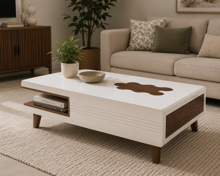 Translation missing: en.Mango Wood Coffee Table with Drawer &amp; Open Shelf – White &amp; Brown 