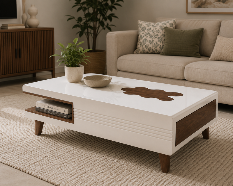 Mango Wood Coffee Table with Drawer & Open Shelf – White & Brown 