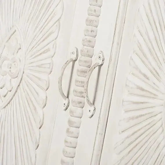 Bianco Carved Mango Wood 2‑Door Wardrobe – Aged White Storage Almirah 