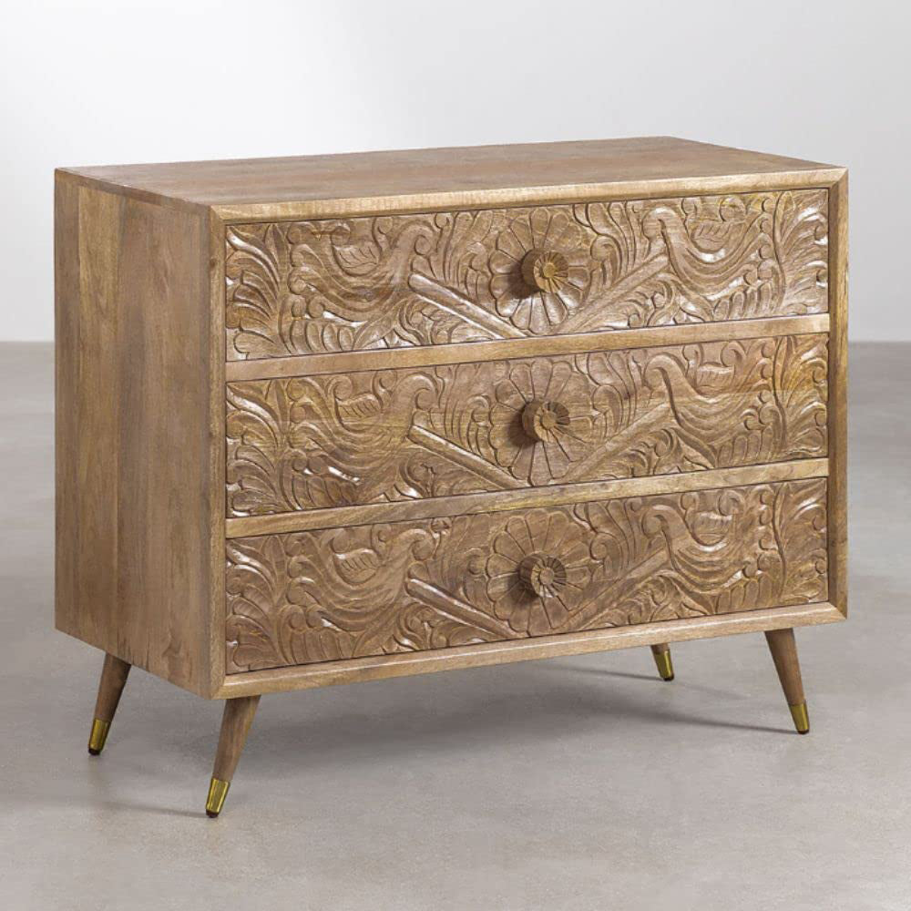 Mango Wood Rustic Floral Chest of Drawers, Brown Natural Finish, 1 Unit, 1 Cabinet, 1 Piece, 1 Item, Standard Size, 38 x 16 x 30 inches