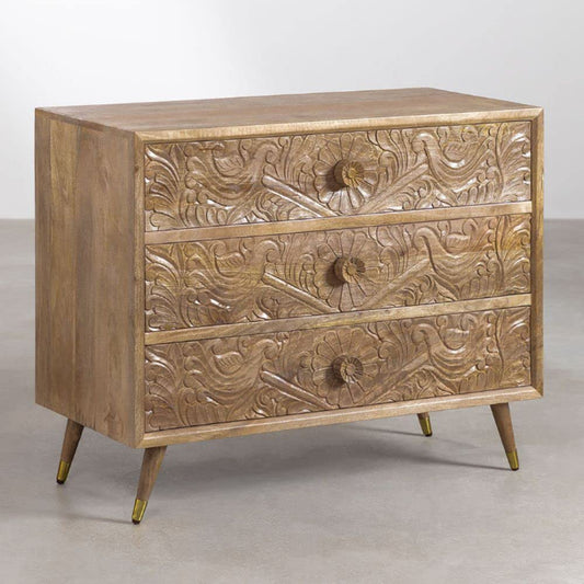 Mango Wood Rustic Floral Chest of Drawers, Brown Natural Finish, 1 Unit, 1 Cabinet, 1 Piece, 1 Item, Standard Size, 38 x 16 x 30 inches