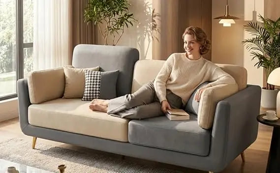 Luxelle Modern Sofa 3 Seater Velvet Upholstered Sofa Set with Tufted Backrest Cushioned Seating Tipped Gold Wooden Legs Couch for Living Room & Lounge (Beige/Grey) 