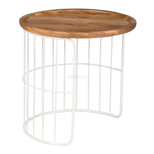 Translation missing: en.APRODZ Round Auxiliary Solid Wood and Metal Nesting Table (Mango Wood - Natural + White Powder Coated)