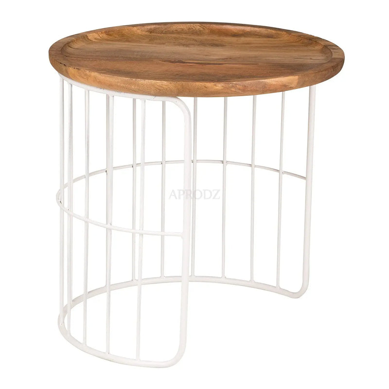 APRODZ Round Auxiliary Solid Wood and Metal Nesting Table (Mango Wood - Natural + White Powder Coated)