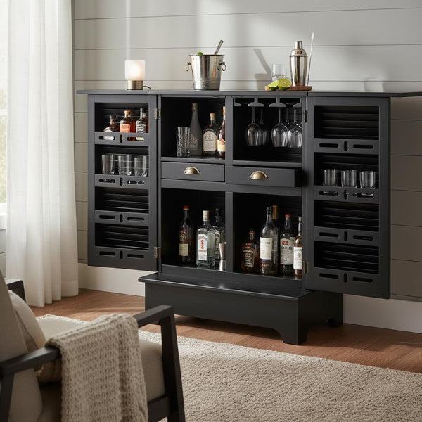 Mango Wood Downer White Bar Cabinet with Wine Glass Storage for Living Room, Standard 