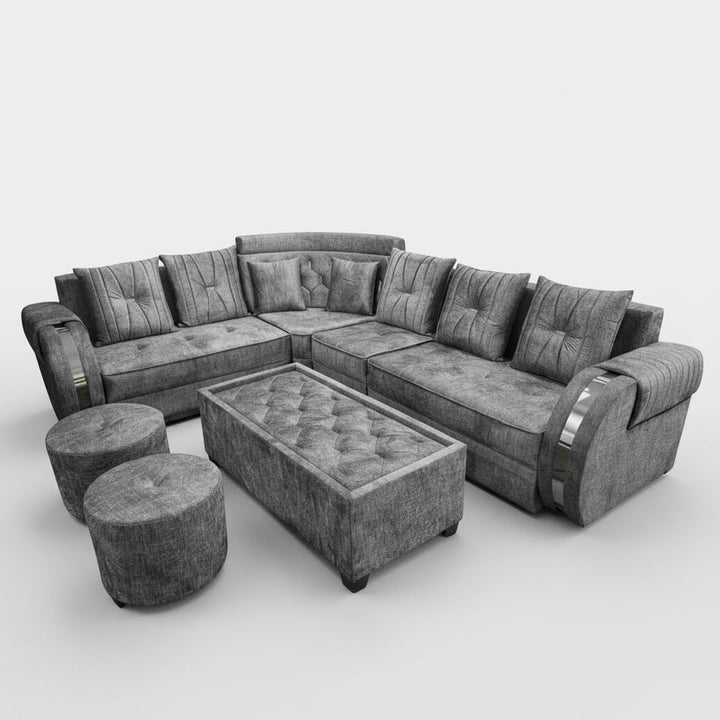 Translation missing: en.L-Shaped 6-Seater Velvet Sectional Sofa Set with Coffee Table &amp; Ottomans 