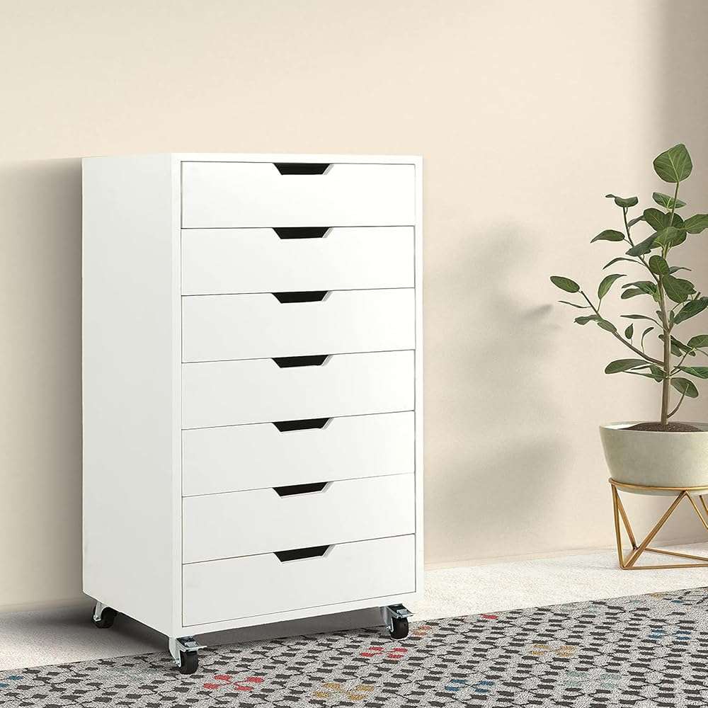 APRODZ Mango Wood Sideboard Storage Dresser Cabinet Balarwa Chest of 7 Drawer On Castors for Living Room (White Finish)