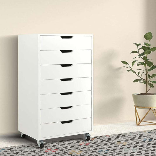 APRODZ Mango Wood Sideboard Storage Dresser Cabinet Balarwa Chest of 7 Drawer On Castors for Living Room (White Finish)