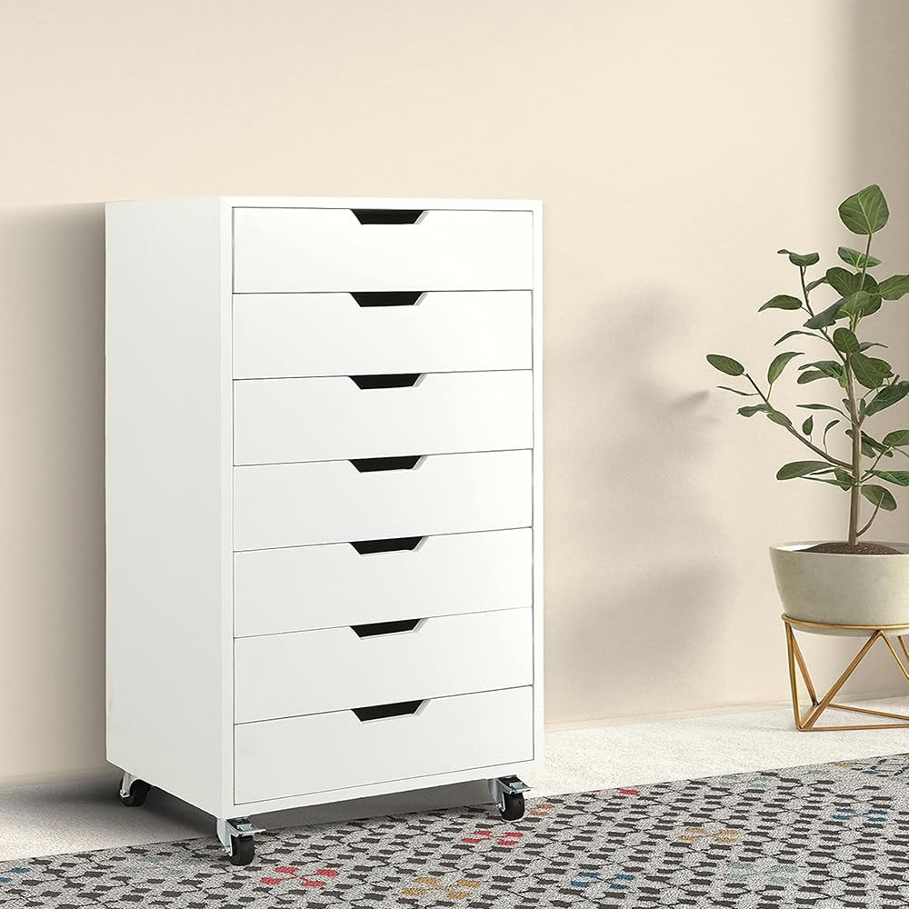 APRODZ Mango Wood Sideboard Storage Dresser Cabinet Bhesar Chest of 6 Drawer On Castors for Living Room | Cream